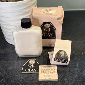 Vintage Oil Of Olay Beauty Fluid Lotion 4 oz‎ Glass Bottle ORIGINAL Damaged